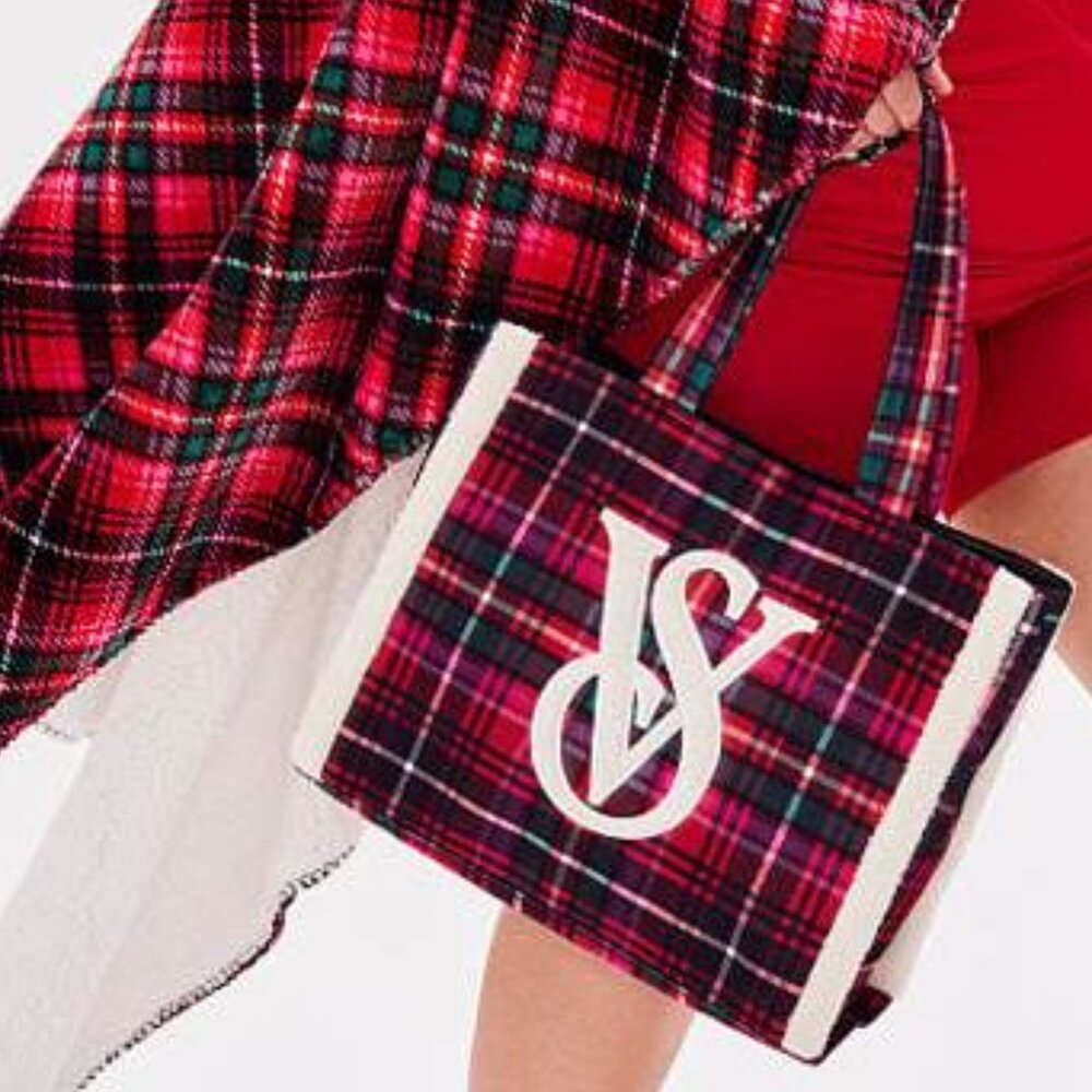 ❤️VS Faux Fur Sherpa Plaid Flannel Large Tote